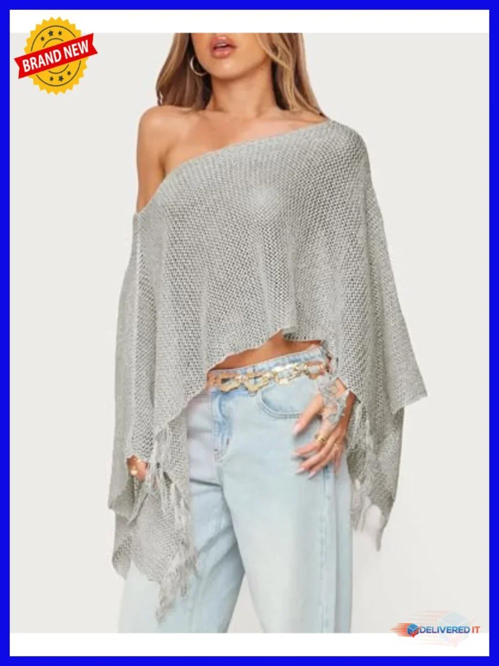 Lightweight Sheer Poncho Wrap Fringe One Shoulder Knit Cover Up
